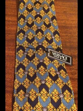 Brand New Versace Black, Blue & Gold Silk Geometric Medallion Tie